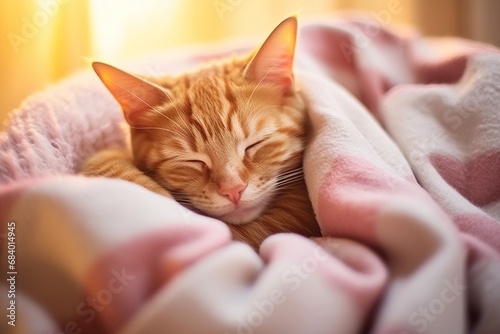 Vivid Vision: Enchanting Red-Haired Cat Relaxing on a Pink Blanket Generative AI