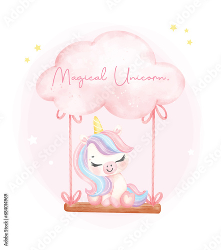 Cute unicorn on cloud swing watercolor dreamy nursery Art illustration. Magical Unicorn.