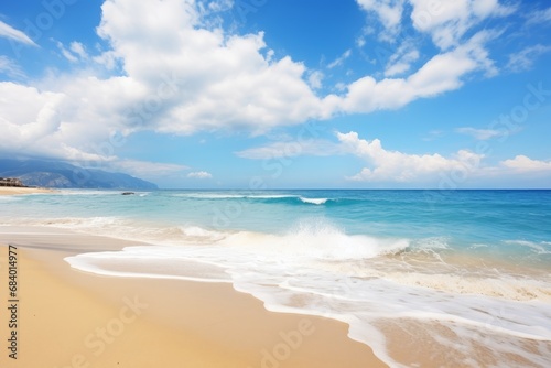 Unveiling Serenity: An Idyllic View of a Calm Blue Ocean by the Sandy Beach Generative AI