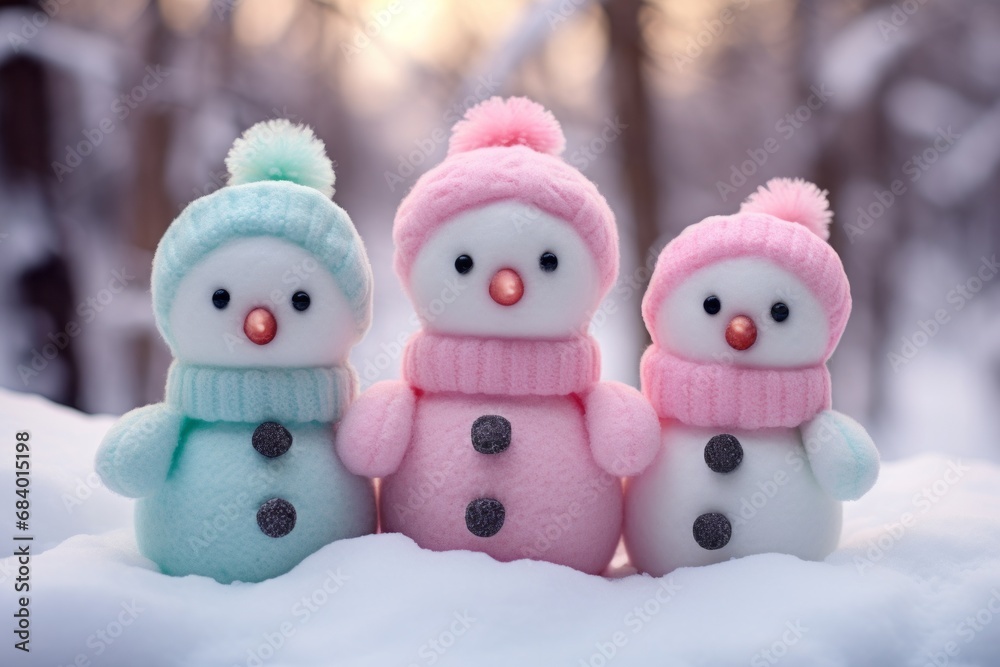 Delightful Trio: Snowmen Sparkling in Winter Wonderland Generative AI