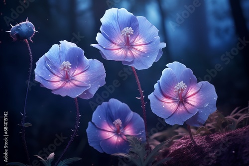 Triad of Azure Blossoms  An Elegant Harmony on Vivid Background Generative AI