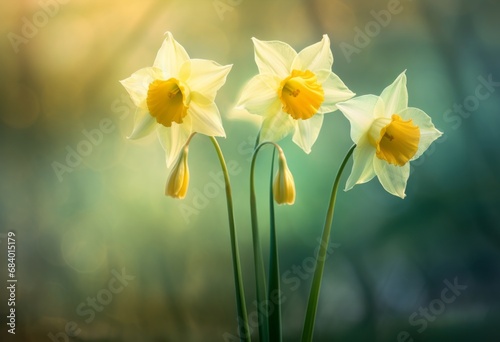 Unveiling Nature's Beauty: Captivating Trio of Daffodils in Full Bloom Generative AI