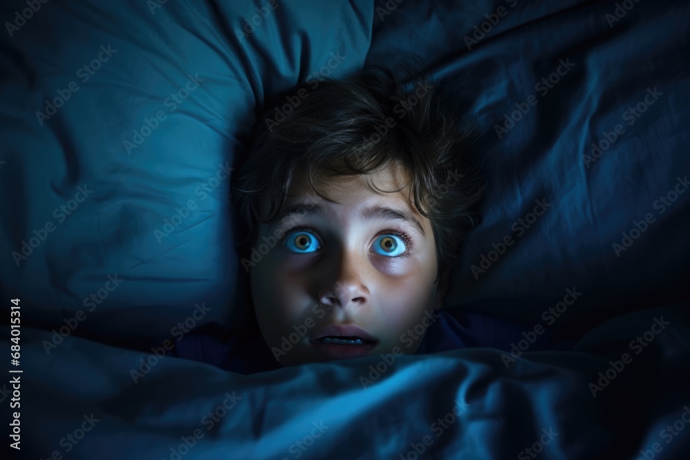 Portrait of a 10 years old kid lying down on the bed, face scared, dark mood, looking at camera from directly above.