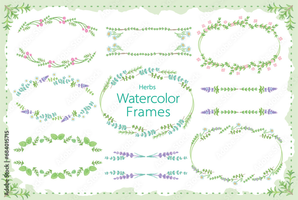 Obraz premium アロマに使われるハーブ・植物のイラスト・フレーム。水彩風ベクター素材