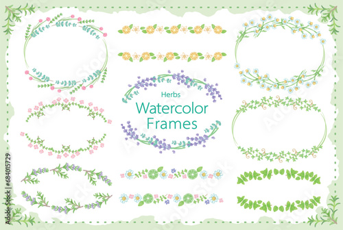 アロマに使われるハーブ・植物のイラスト・フレーム。水彩風ベクター素材