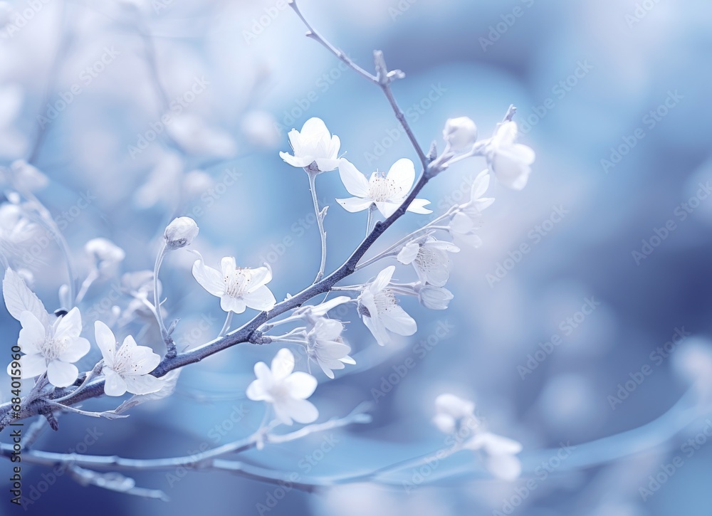 Mesmerizing Serenity: Ethereal White Branches Against a Mystical Blue Backdrop Generative AI