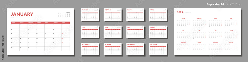 Set of Monthly pages Calendar Planner Templates 2024. Vector layout of a wall or desk simple calendar with week start Monday. Calendar grid in black color for print. Pages for size A4 or 21x29.7 cm - obrazy, fototapety, plakaty 