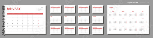 Set of Monthly pages Calendar Planner Templates 2024. Vector layout of a wall or desk simple calendar with week start Monday. Calendar grid in black color for print. Pages for size A4 or 21x29.7 cm