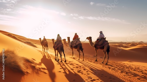 Caravan with group of tourists riding camels through Dubai desert during safari adventure