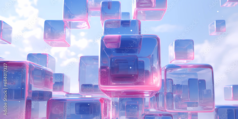 An abstract blue blue bubble cube - obrazy, fototapety, plakaty 