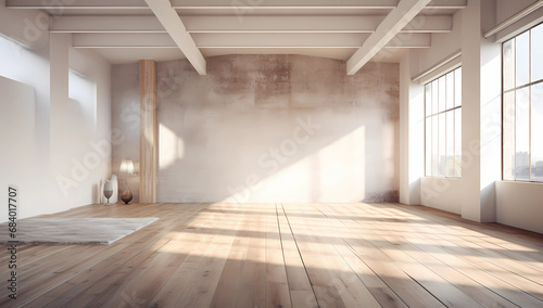White empty modern room with wood floors and beams