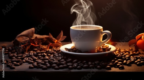 Hot steamed coffee and coffee beans 