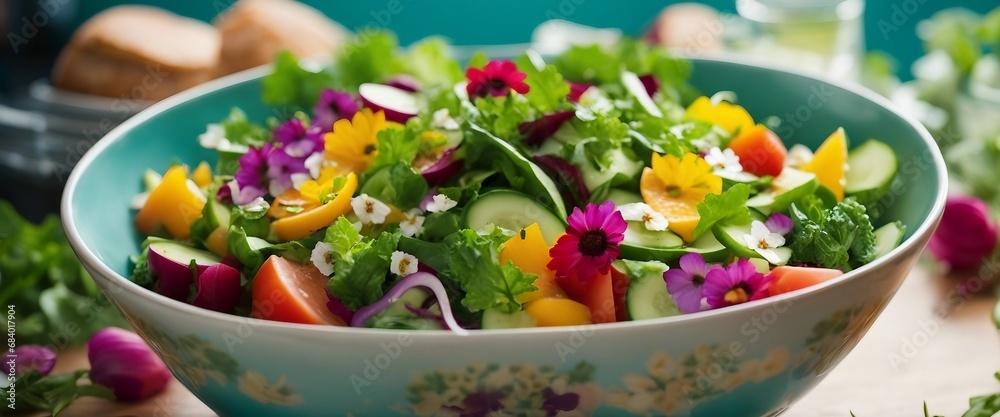 A vibrant bowl of summer salad with fresh greens, colorful vegetables, and edible flowers