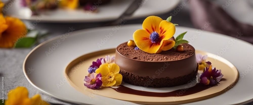 A complex dessert featuring spheres of chocolate mousse, delicate sponge, and edible flowers A complex dessert featuring spheres of chocolate mousse, delicate sponge, and edible flowers