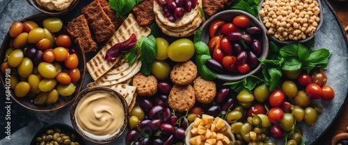 An overhead shot of a Mediterranean mezze platter, with hummus, olives, and falafel