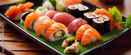 A colorful sushi platter with an assortment of maki rolls, nigiri, and sashimi, served with soy sauc