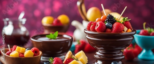 A decadent chocolate fondue pot with various fruits and sweets for dipping