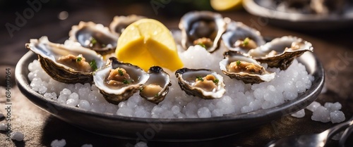 A dish of butter-poached oysters, each sitting on a bed of rock salt, accompanied by a mignonette