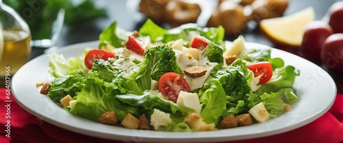 A fresh Caesar salad with crisp romaine, crunchy croutons, shaved parmesan, and a creamy dressing