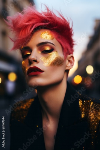 Portrait Photo of Non Binary Person, Street Photography, Fashion Shoot, Glitter, Hair Dyed, Interesting Angle, Unique, Angular Features, Diversity, LGBTQ, Celebrate Difference, Gold, Golden, Makeup
