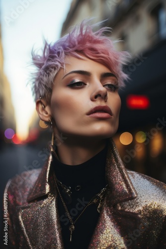 Portrait Photo of Non Binary Person, Street Photography, Fashion Shoot, Glitter, Hair Dyed, Interesting Angle, Unique, Angular Features, Diversity, LGBTQ, Celebrate Difference, Gold, Golden, Makeup