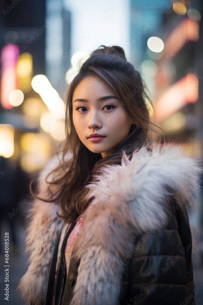 Beautiful Asian Girl in the City, Winter Coat, Street Photography, Fluffy Jacket, Fur, tiny girl in big coat, pretty face, high cheekbones, petite, feminine, city lights, bokeh, pink, futuristic scene Beautiful Asian Girl in the City, Winter Coat, Street Photography, Fluffy Jacket, Fur, tiny girl in big coat, pretty face, high cheekbones, petite, feminine, city lights, bokeh, pink, futuristic scene