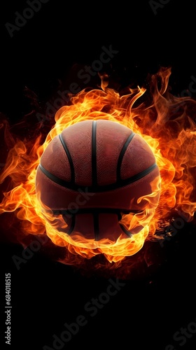 Basketball ball in flames and lights with world spheres against black background. Vector illustration. © Michel 