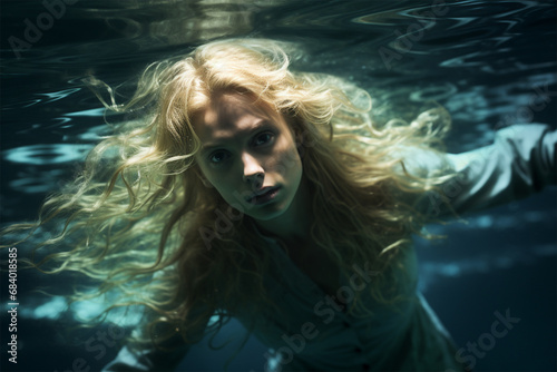 Portrait of a young androgyne with long hair in clothes, swimming underwater. looks at the camera photo