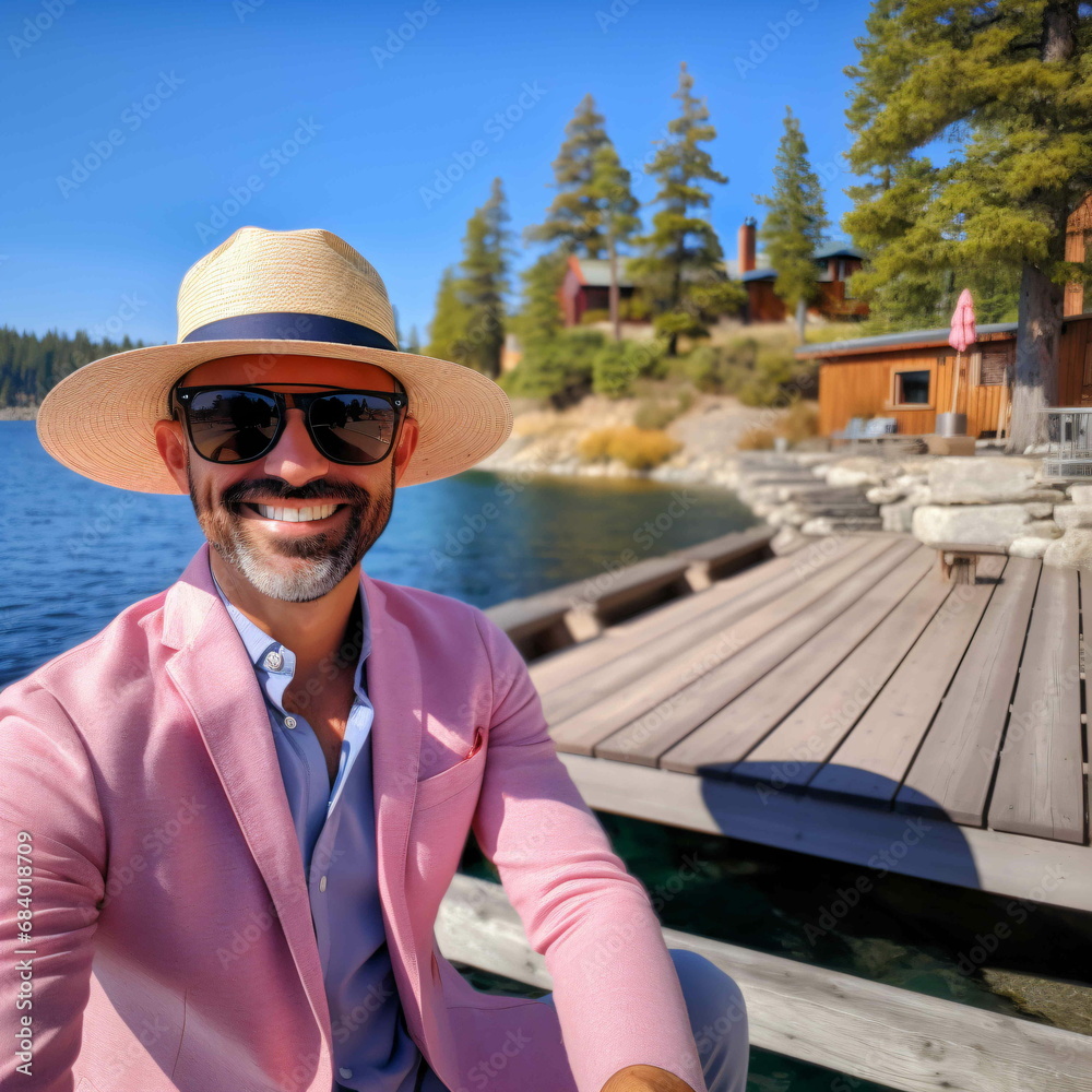 A man in a pink suit and hat sitting on a dock taking a selfie
