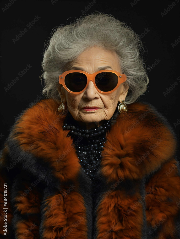 An old woman wearing sunglasses and a fur coat