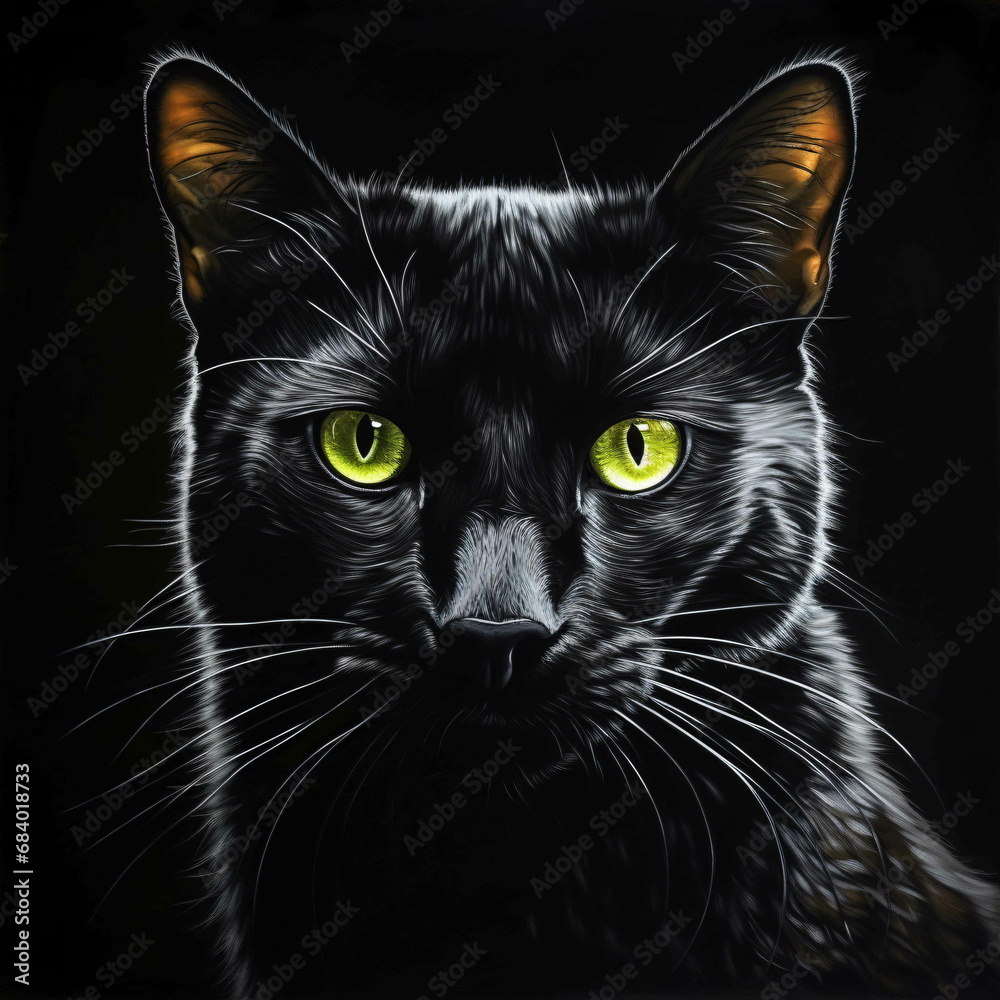 A painting portrait of a black cat with green eyes on a black background A painting portrait of a black cat with green eyes on a black background