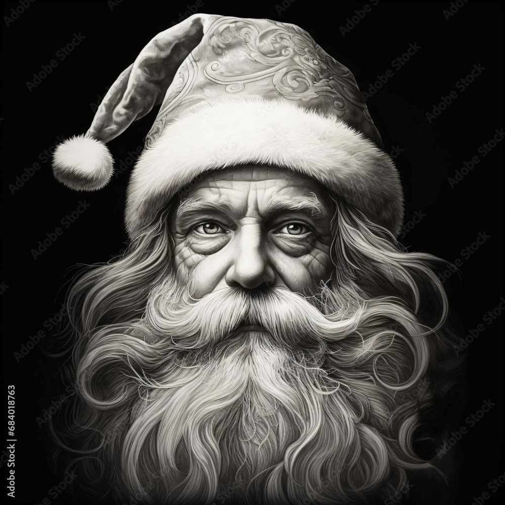 A black and white drawing of santa claus with a serious expression A black and white drawing of santa claus with a serious expression