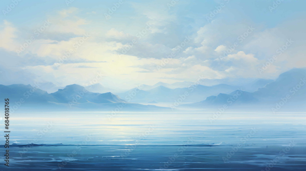A digital painting landscape of the blue sea under a blue sky covered in clouds