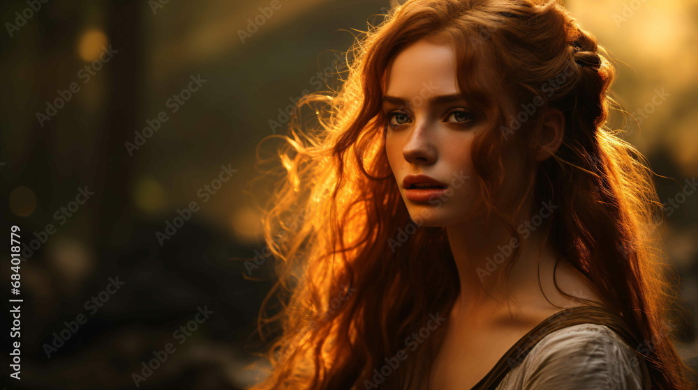 A woman with messy red hair in the forest with a worried expression A woman with messy red hair in the forest with a worried expression