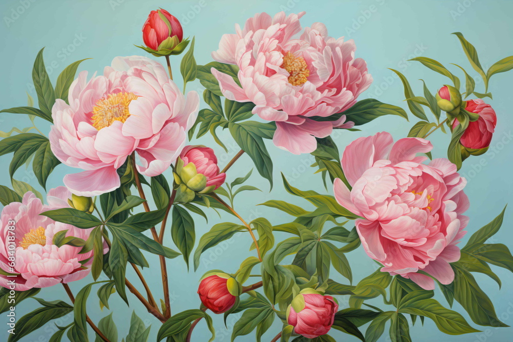 A painting of pink flowers and sprouts on a blue background