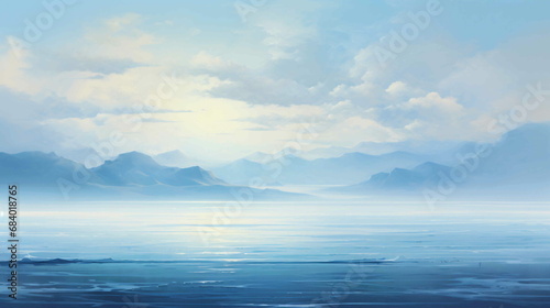 A digital painting landscape of the blue sea under a blue sky covered in clouds
