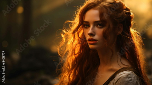 A woman with messy red hair in the forest with a worried expression