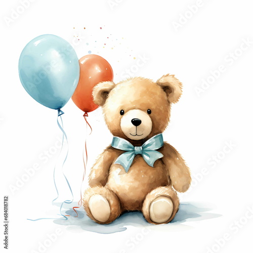 A brown teddy bear holding a blue and red balloon on a white background