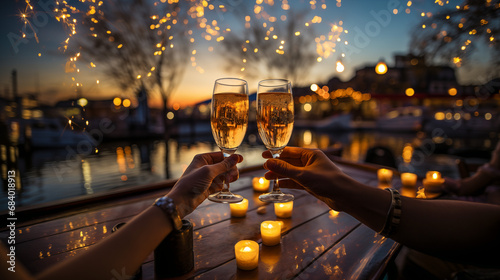 Toast of a couple of glasses with champagne to celebrate new year. Fireworks in the background.