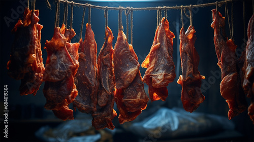 jerky hanging on a rope at a local market in a smokehouse, close-up photo