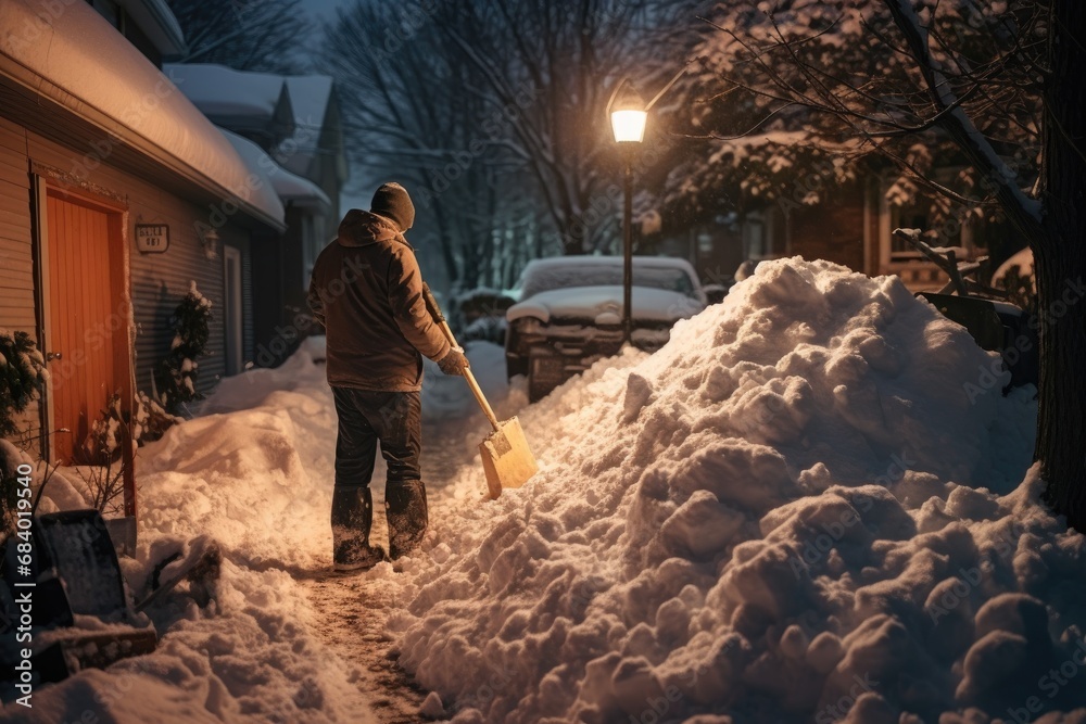 man clearing snow with a shovel in front of the house - obrazy, fototapety, plakaty 