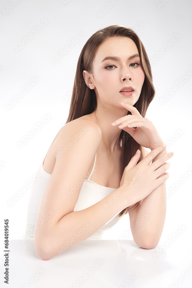 Beautiful young woman with clean fresh skin on white background, Face care, Facial treatment, Cosmetology, beauty and spa, women portrait.