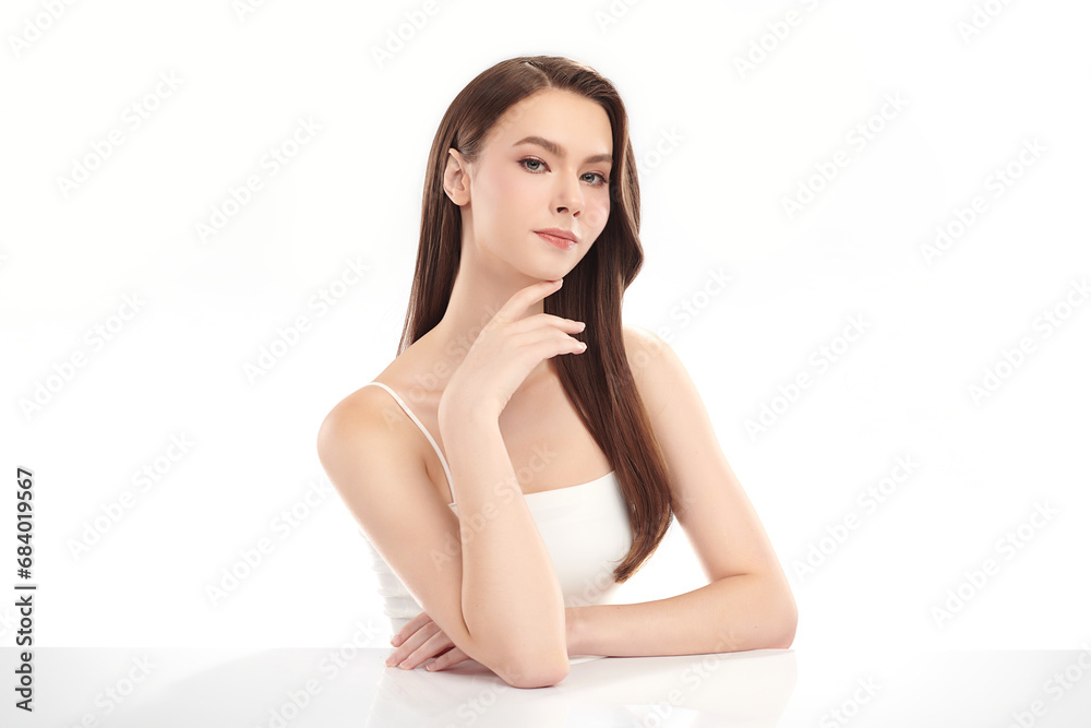 Beautiful young woman with clean fresh skin on white background, Face care, Facial treatment, Cosmetology, beauty and spa, women portrait. Beautiful young woman with clean fresh skin on white background, Face care, Facial treatment, Cosmetology, beauty and spa, women portrait.