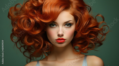 Portrait of a young red-haired woman with wavy hairstyle, with bright makeup on a green background. beauty salon content. Hair care cosmetics