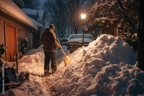 man clearing snow with a shovel in front of the house
