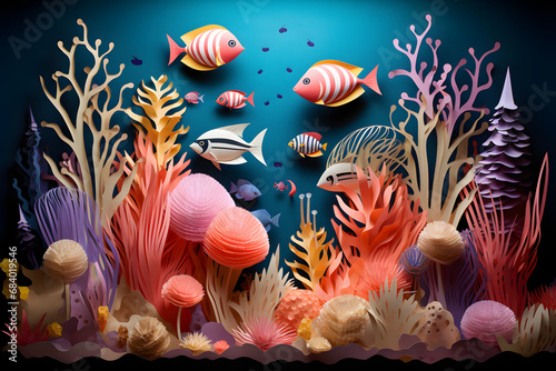 A papercraft undersea world  with colorful coral reefs and an array of marine life that showcases the beauty of paper art. Ai Generated.NO.01