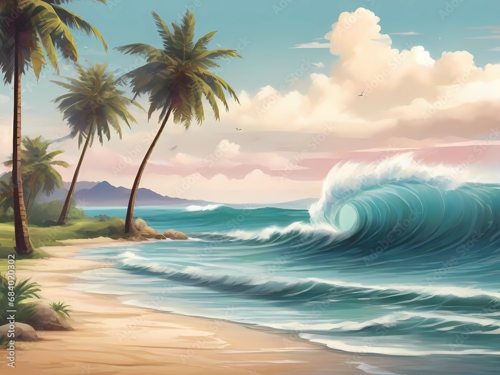 view of waves on the beach, coconut trees, cartoon style design, digital illustration, pure background