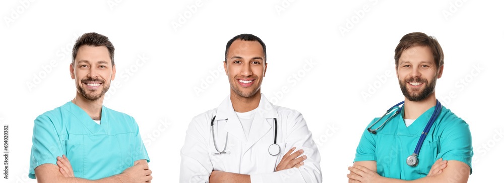 Happy medical nurses on white background, set of photos