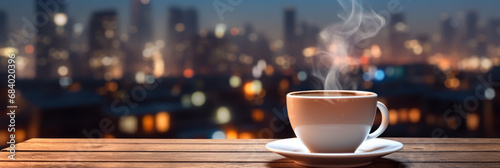 Steaming coffee and blurred city night view on an empty wooden table on an apartment balcony. Suitable for web ads and banners. A concept for a relaxing and relaxing time. photo