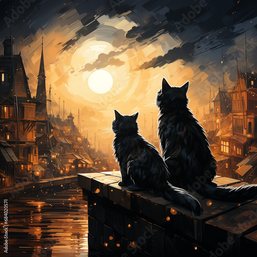 A black cat sitting with a young cat looking at the moon. Generative AI.  photo